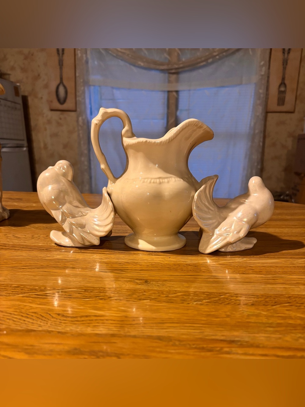 Cream Ceramic Pitcher and Dove Figurine Set - Home Art